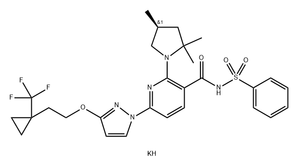 3-Pyridinecarboxamide, N-(phenylsulfonyl)-6-[3-[2-[1-(trifluoromethyl)cyclopropyl]ethoxy]-1H-pyrazol-1-yl]-2-[(4S)-2,2,4-trimethyl-1-pyrrolidinyl]-, potassium salt (1:1) Structure