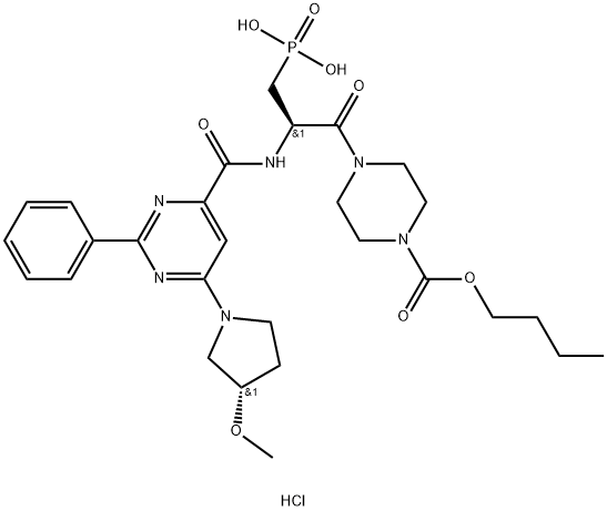 1-Piperazinecarboxylic acid, 4-[(2R)-2-[[[6-[(3S)-3-methoxy-1-pyrrolidinyl]-2-phenyl-4-pyrimidinyl]carbonyl]amino]-1-oxo-3-phosphonopropyl]-, 1-butyl ester, hydrochloride (1:1) Structure