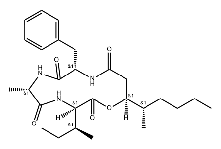 Cyclo[L-alanyl-D-alloisoleucyl-(3S,4S)-3-hydroxy-4-methyloctanoyl-L-phenylalanyl] 구조식 이미지