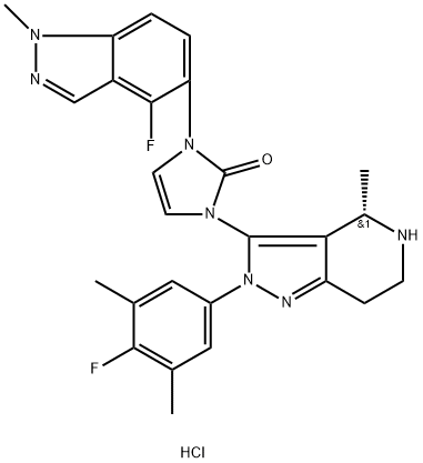 2H-Imidazol-2-one, 1-[(4S)-2-(4-fluoro-3,5-dimethylphenyl)-4,5,6,7-tetrahydro-4-methyl-2H-pyrazolo[4,3-c]pyridin-3-yl]-3-(4-fluoro-1-methyl-1H-indazol-5-yl)-1,3-dihydro-, hydrochloride (1:1) Structure