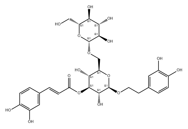 β-D-Glucopyranoside, 2-(3,4-dihydroxyphenyl)ethyl 6-O-β-D-glucopyranosyl-, 3-[(2E)-3-(3,4-dihydroxyphenyl)-2-propenoate] 구조식 이미지