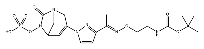 Sulfuric acid, mono[7-oxo-3-[3-[(1E)-1,9,9- trimethyl-7-oxo-3,8-dioxa-2,6-diazadec-1-en1-yl]-1H-pyrazol-1-yl]-1,6-diazabicyclo[3.2.1] oct-3-en-6-yl] ester Structure