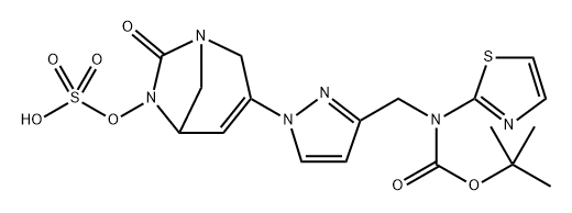 3-(3-(((tert-butoxycarbonyl)(thiazol-2-yl)amino)methyl)-1H-pyrazol-1-yl)-7-oxo-1,6-diazabicyclo[3.2.1]oct-3-en-6-yl hydrogen sulfate Structure