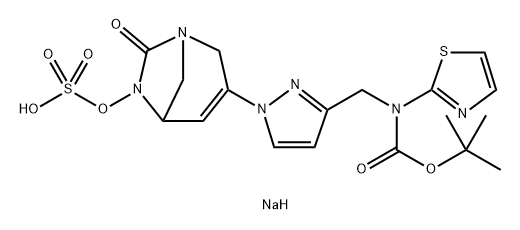 sodium 3-(3-(((tert-butoxycarbonyl)(thiazol-2-yl)amino)methyl)-1H-pyrazol-1-yl)-7-oxo-1,6-diazabicyclo[3.2.1]oct-3-en-6-yl sulfate Structure