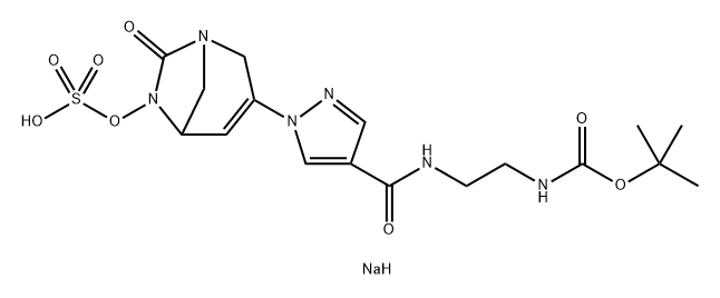 sodium 3-(4-((2-((tert-butoxycarbonyl)amino)ethyl)carbamoyl)-1H-pyrazol-1-yl)-7-oxo-1,6-diazabicyclo[3.2.1]oct-3-en-6-yl sulfate 구조식 이미지