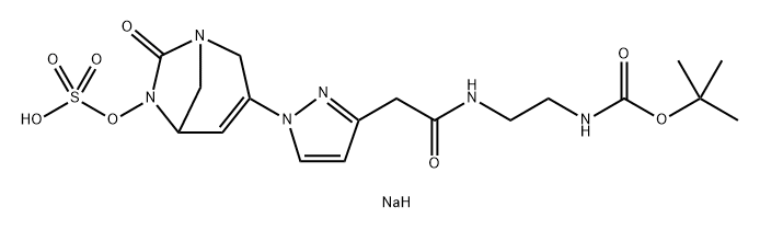 sodium 3-(3-(2-((2-((tert-butoxycarbonyl)amino)ethyl)amino)-2-oxoethyl)-1H-pyrazol-1-yl)-7-oxo-1,6-diazabicyclo[3.2.1]oct-3-en-6-yl sulfate Structure