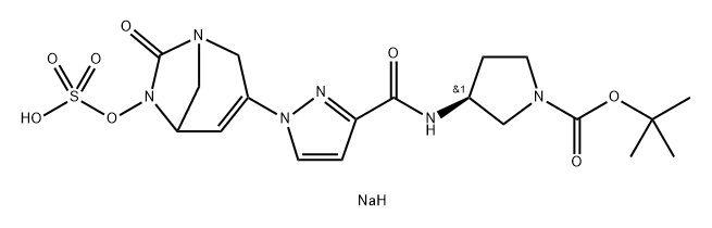 1-Pyrrolidinecarboxylic acid, 3-[[[1-[7-oxo-6- (sulfooxy)-1,6-diazabicyclo[3.2.1]oct-3-en-3-yl] -1H-pyrazol-3-yl]carbonyl]amino]-, 1-(1,1- dimethylethyl) ester, sodium salt (1:1), (3S)- Structure