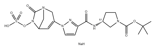 1-Pyrrolidinecarboxylic acid, 3-[[[1-[7-oxo-6- (sulfooxy)-1,6-diazabicyclo[3.2.1]oct-3-en-3-yl] -1H-pyrazol-3-yl]carbonyl]amino]-, 1-(1,1- dimethylethyl) ester, sodium salt (1:1), (3R)- Structure