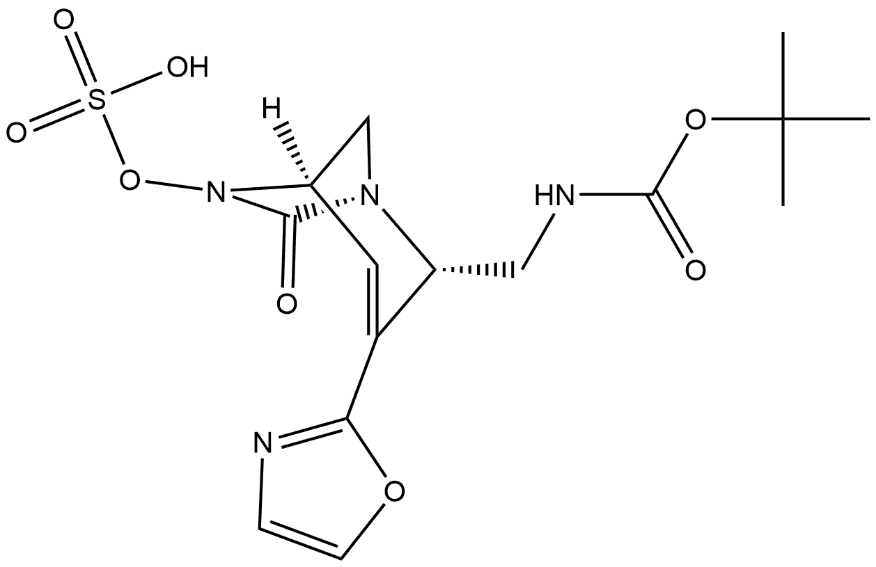 Carbamic acid, N-[[(1R,2S,5R)-3-(2-oxazolyl)-7-
oxo-6-(sulfooxy)-1,6-diazabicyclo[3.2.1]oct-3-
en-6-yl]methyl]-, 1,1-dimethylethyl ester Structure