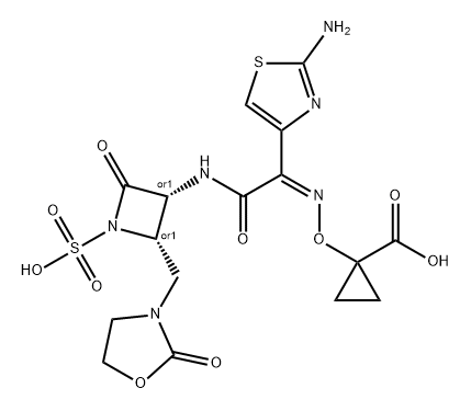 1-(((Z)-(1-(2-aminothiazol-4-yl)-2-oxo-2-(((3S,4R)-2-oxo-4-((2-oxooxazolidin-3-yl)methyl)-1-sulfoazetidin-3-yl)amino)ethylidene)amino)oxy)cyclopropanecarboxylic acid 구조식 이미지