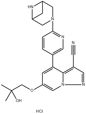 4-(6-(3,6-Diazabicyclo[3.1.1]heptan-3-yl)pyridin-3-yl)-6-(2-hydroxy-2-methylpropoxy)pyrazolo[1,5-a]pyridine-3-carbonitrile dihydrochloride 구조식 이미지