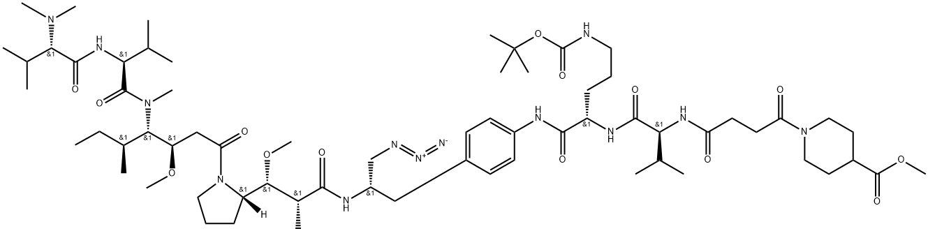 methyl 1-((9S,12S)-9-((4-((S)-3-azido-2-((2R,3R)-3-((S)-1-((3R,4S,5S)-4-((S)-2-((S)-2-(dimethylamino)-3-methylbutanamido)-N,3-dimethylbutanamido)-3-methoxy-5-methylheptanoyl)pyrrolidin-2-yl)-3-methoxy-2-methylpropanamido)propyl)phenyl)carbamoyl)-12-isopropyl-2,2-dimethyl-4,11,14-trioxo-3-oxa-5,10,13-triazaheptadecan-17-oyl)piperidine-4-carboxylate Structure