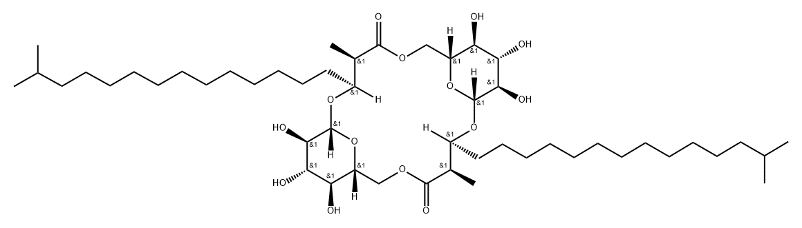 Heptadecanoic acid, 3-[[6-O-[(2R,3S)-3-(β-D-glucopyranosyloxy)-2,16-dimethyl-1-oxoheptadecyl]-β-D-glucopyranosyl]oxy]-2,16-dimethyl-, intramol. 1,6''-ester, (2R,3S)- (9CI) 구조식 이미지