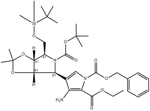 1H-Pyrrole-1,2-dicarboxylic acid, 3-amino-4-(3aS,4S,6R,6aR)-5-(1,1-dimethylethoxy)carbonyl-6-(1,1-dimethylethyl)dimethylsilyloxymethyltetrahydro-2,2-dimethyl-4H-1,3-dioxolo4,5-cpyrrol-4-yl-, 2-ethyl 1-(phenylmethyl) ester 구조식 이미지
