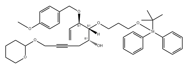 1-?Nonen-?7-?yn-?5-?ol, 4-?[3-?[[(1,?1-?dimethylethyl)?diphenylsilyl]?oxy]?propoxy]?-?3-?[(4-?methoxyphenyl)?methoxy]?-?9-?[(tetrahydro-?2H-?pyran-?2-?yl)?oxy]?-?, (3R,?4R,?5R)?- 구조식 이미지