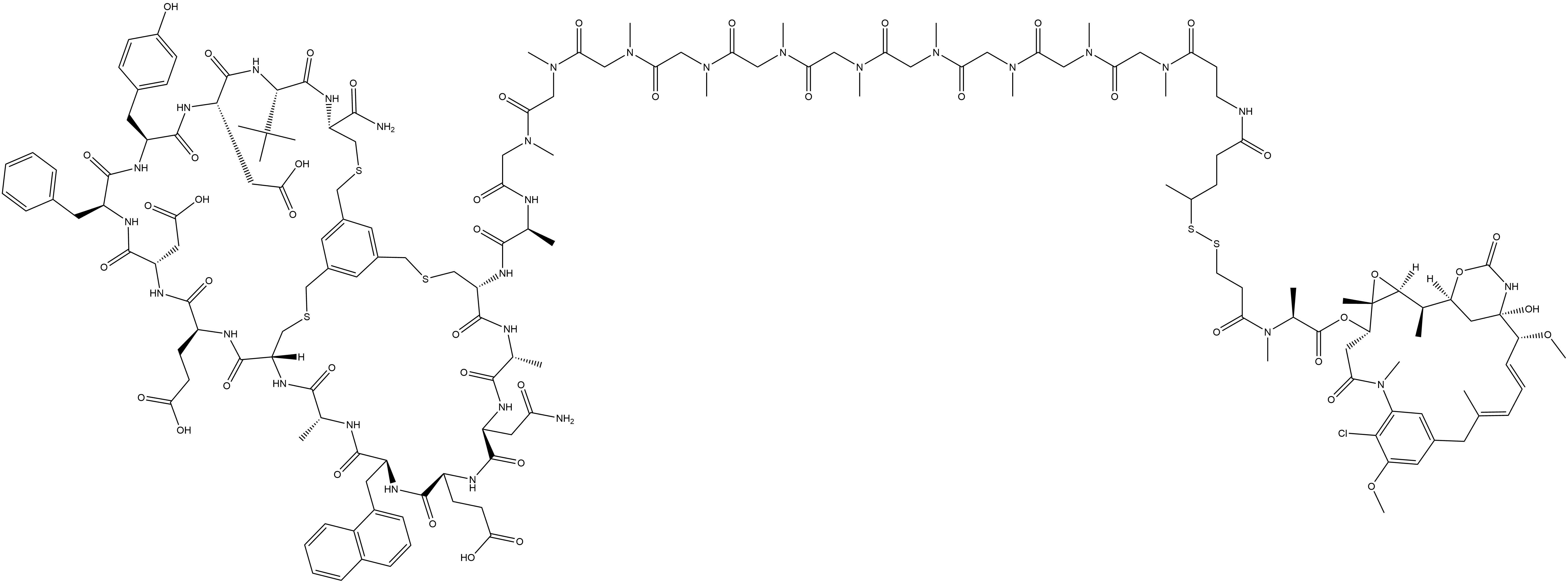 Maytansine, N2′-[3-[(3-carboxy-1-methylpropyl)dithio]-1-oxopropyl]-N2′-deacetyl-, 1-amide with 13,19,26-[1,3,5-benzenetriyltris(methylene)]-β-alanyl-N-methylglycyl-N-methylglycyl-N-methylglycyl-N-methylglycyl-N-methylglycyl-N-methylglycyl-N-methylglycyl-N-methylglycyl-N-methylglycyl-N-methylglycyl-L-alanyl-L-cysteinyl-D-alanyl-L-asparaginyl-L-α-glutamyl-3-(1-naphthalenyl)-L-alanyl-D-alanyl-L-cysteinyl-L-α-glutamyl-L-α-aspartyl-L-phenylalanyl-L-tyrosyl-L-α-aspartyl-3-methyl-L-valyl-L-cysteinamide Structure