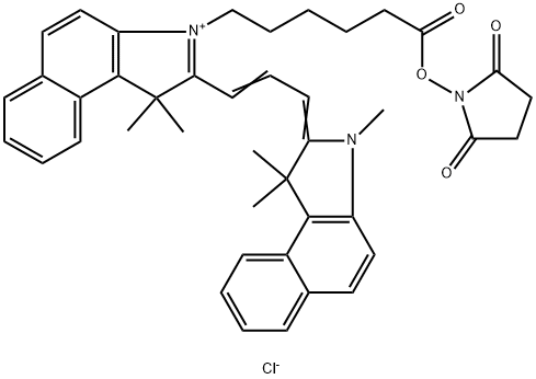 1H-Benz[e]indolium, 2-[3-(1,3-dihydro-1,1,3-trimethyl-2H-benz[e]indol-2-ylidene)-1-propen-1-yl]-3-[6-[(2,5-dioxo-1-pyrrolidinyl)oxy]-6-oxohexyl]-1,1-dimethyl-, chloride (1:1) 구조식 이미지