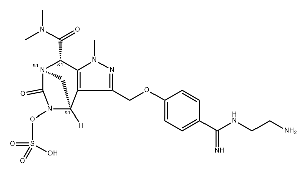 rel-(4R,7R,8S)-3-[[4-[[(2-Aminoethyl)amino] iminomethyl]phenoxy]methyl]-4,5,6,8-tetrah ydro-N,N,1-trimethyl-6-oxo-5-(sulfooxy)-1H-4, 7-methanopyrazolo[3,4-e][1,3]diazepine-8- carboxamide Structure