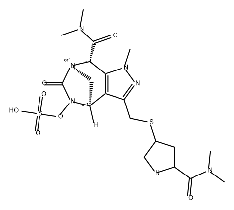 rel-(4R,7R,8S)-3-[[[5-[(Dimethylamino) carbonyl]-3-pyrrolidinyl]thio]methyl]-4,5,6,8- tetrahydro-N,N,1-trimethyl-6-oxo-5-(sulfooxy) -1H-4,7-methanopyrazolo[3,4-e][1,3] diazepine-8-carboxamide Structure