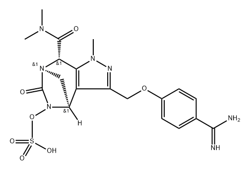 rel-(4R,7R,8S)-3-[[4-(Aminoiminomethyl) phenoxy]methyl]-4,5,6,8-tetrahydro-N,N,1- trimethyl-6-oxo-5-(sulfooxy)-1H-4,7- methanopyrazolo[3,4-e][1,3]diazepine-8- carboxamide Structure