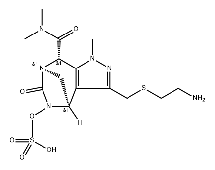 1H-4,7-Methanopyrazolo[3,4-e][1,3]diazepine8-carboxamide, 3-[[(2-aminoethyl)thio] methyl]-4,5,6,8-tetrahydro-N,N,1-trimethyl-6- oxo-5-(sulfooxy)-, (4R,7R,8S)-rel 구조식 이미지