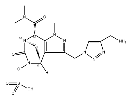 rel-(4R,7R,8S)-3-[[4-(Aminomethyl)-1H-1,2,3- triazol-1-yl]methyl]-4,5,6,8-tetrahydro-N,N,1- trimethyl-6-oxo-5-(sulfooxy)-1H-4,7- methanopyrazolo[3,4-e][1,3]diazepine-8- carboxamide Structure