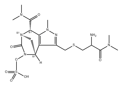 rel-(4R,7R,8S)-3-[[[2-Amino-3-(dimethylamino) -3-oxopropyl]thio]methyl]-4,5,6,8-tetrahydroN,N,1-trimethyl-6-oxo-5-(sulfooxy)-1H-4,7- methanopyrazolo[3,4-e][1,3]diazepine-8- carboxamide 구조식 이미지