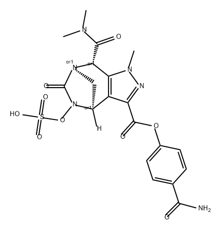 rel-3-[4-(Aminocarbonyl)phenyl] (4R,7R,8S)-8- [(dimethylamino)carbonyl]-4,5,6,8-tetrahydro1-methyl-6-oxo-5-(sulfooxy)-1H-4,7-methanop yrazolo[3,4-e][1,3]diazepine-3-carboxylate Structure