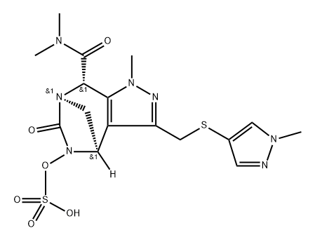 rel-(4R,7R,8S)-4,5,6,8-Tetrahydro-N,N,1- trimethyl-3-[[(1-methyl-1H-pyrazol-4-yl)thio] methyl]-6-oxo-5-(sulfooxy)-1H-4,7-methanop yrazolo[3,4-e][1,3]diazepine-8-carboxamide Structure