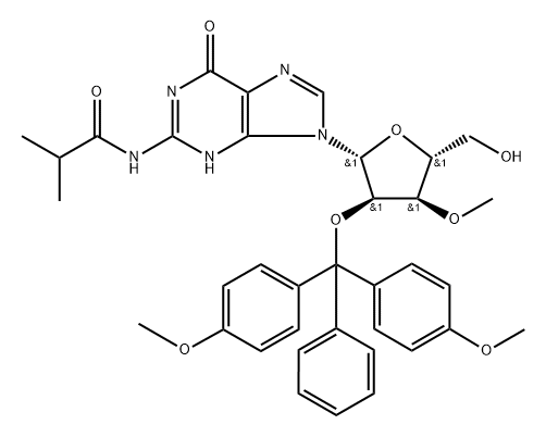 Guanosine, 2'-?O-?[bis(4-?methoxyphenyl)?phenylmethyl]?-?3'-?O-?methyl-?N-?(2-?methyl-?1-?oxopropyl)?- Structure