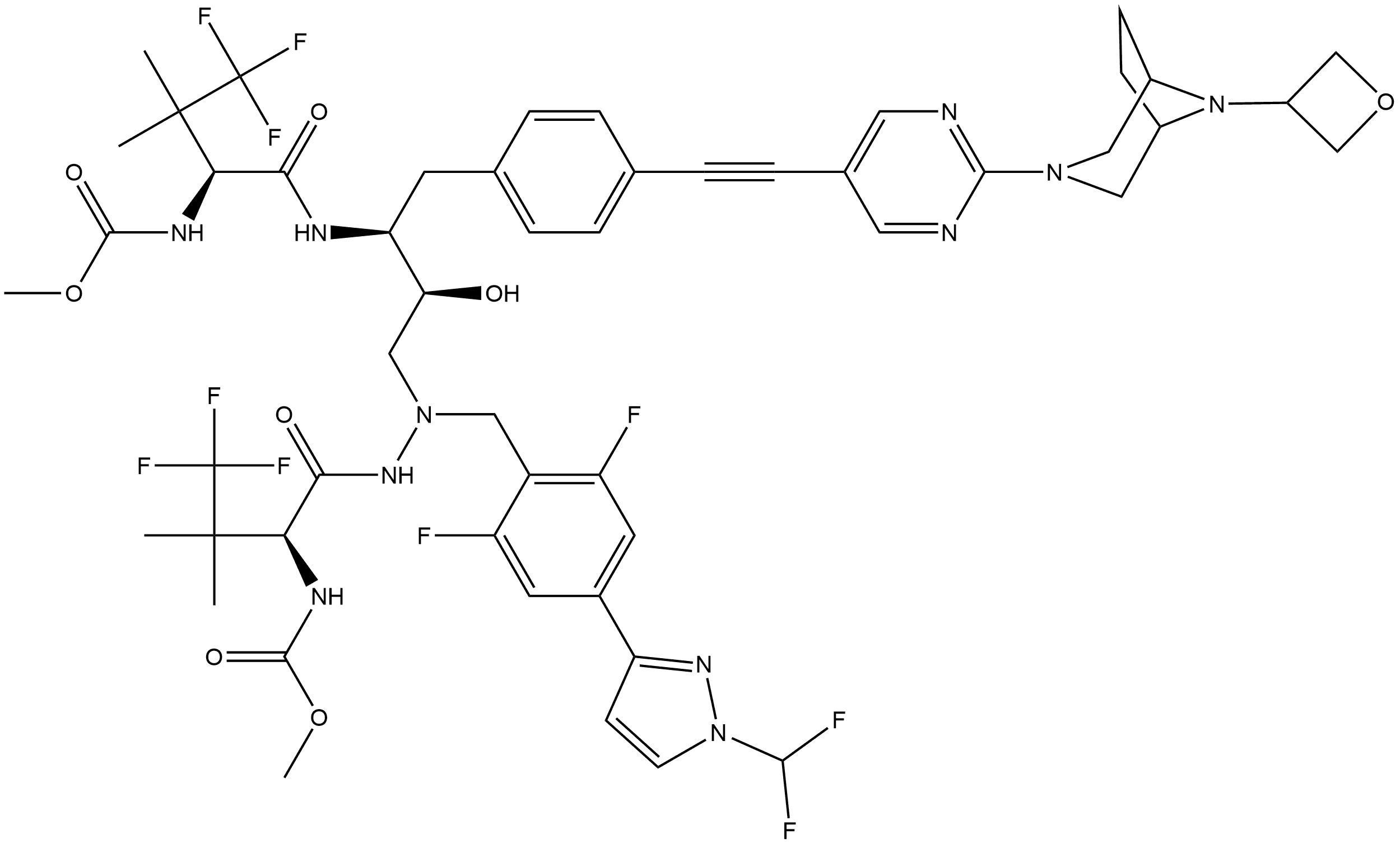 2,5,6,10,13-Pentaazatetradecanedioic acid, 6-[[4-[1-(difluoromethyl)-1H-pyrazol-3-yl]-2,6-difluorophenyl]methyl]-8-hydroxy-9-[[4-[2-[2-[8-(3-oxetanyl)-3,8-diazabicyclo[3.2.1]oct-3-yl]-5-pyrimidinyl]ethynyl]phenyl]methyl]-4,11-dioxo-3,12-bis(2,2,2-trifluoro-1,1-dimethylethyl)-, 1,14-dimethyl ester, (3S,8S,9S,12S)- Structure