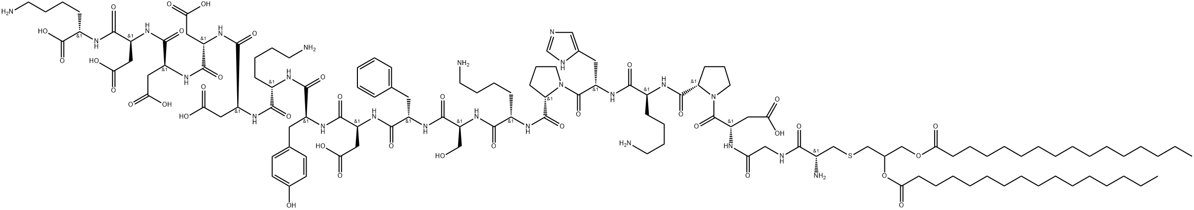 L-Lysine, S-[2,3-bis[(1-oxohexadecyl)oxy]propyl]-L-cysteinylglycyl-L-α-aspartyl-L-prolyl-L-lysyl-L-histidyl-L-prolyl-L-lysyl-L-seryl-L-phenylalanyl-L-α-aspartyl-L-tyrosyl-L-lysyl-L-α-aspartyl-L-α-aspartyl-L-α-aspartyl-L-α-aspartyl- Structure