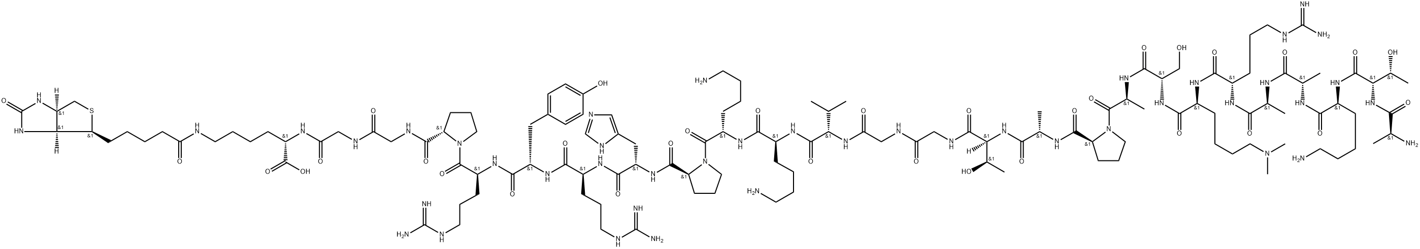 L-Lysine, L-alanyl-L-threonyl-L-lysyl-L-alanyl-L-alanyl-L-arginyl-N6,N6-dimethyl-L-lysyl-L-seryl-L-alanyl-L-prolyl-L-alanyl-L-threonylglycylglycyl-L-valyl-L-lysyl-L-lysyl-L-prolyl-L-histidyl-L-arginyl-L-tyrosyl-L-arginyl-L-prolylglycylglycyl-N6-[5-[(3aS,4S,6aR)-hexahydro-2-oxo-1H-thieno[3,4-d]imidazol-4-yl]-1-oxopentyl]- Structure