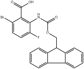 2-((((9H-Fluoren-9-yl)methoxy)carbonyl)amino)-6-bromo-3-fluorobenzoic acid 구조식 이미지