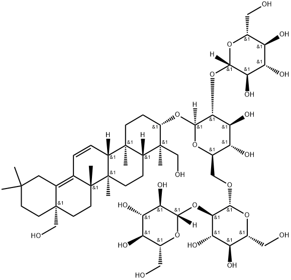 β-D-Glucopyranoside, (3β,4α)-23,28-dihydroxyoleana-11,13(18)-dien-3-yl O-β-D-glucopyranosyl-(1→2)-O-[O-β-D-glucopyranosyl-(1→2)-β-D-glucopyranosyl-(1→6)]- (9CI) Structure