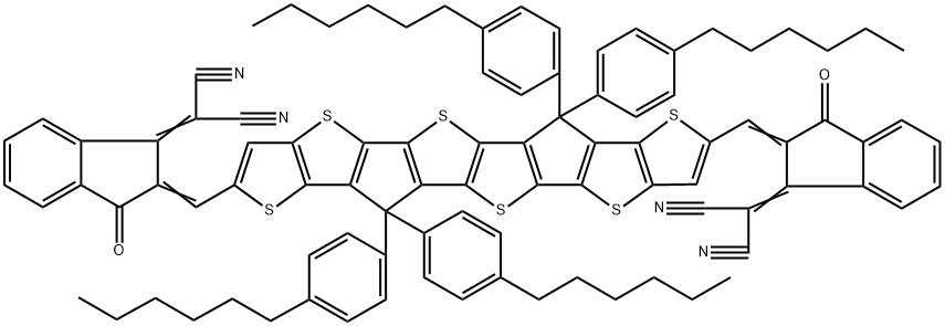 Propanedinitrile,2,2'-[[6,6,12,12-tetrakis(4-hexylphenyl)-6,12-dihydrothieno[2'',3'':4',5']thieno[3',2':4,5]cyclopenta[1,2-b]thieno[2''',3''Chemicalbook':4'',5'']thieno[2'',3'':3',4']cyclopenta[1',2':4,5]thieno[2,3-d]thiophene-2,8-diyl]bis[methylidyne(3-oxo-1H-indene-2,1(3H)-diylidene)]]bis- Structure
