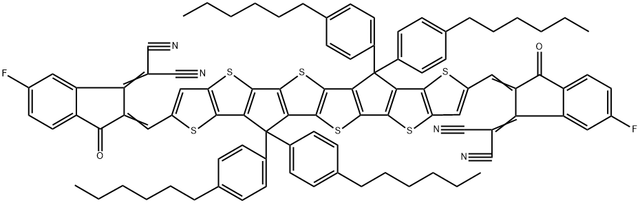 Propanedinitrile, 2,2'-[[6,6,12,12-tetrakis(4-hexylphenyl)-6,12-dihydrothieno[2'',3'':4',5']thieno[3',2':4,5]cyclopenta[1,2-b]thieno[2''',3''':4'',5'']thieno[2'',3'':3',4']cyclopenta[1',2':4,5]thieno[2,3-d]thiophene-2,8-diyl]bis[methylidyne(6-fluoro-3-oxo-1H-indene-2,1(3H)-diylidene)]]bis- Structure