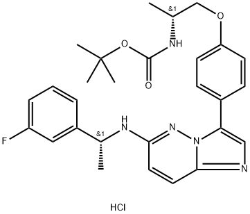 Carbamic acid, N-[(1R)-2-[4-[6-[[(1R)-1-(3-fluorophenyl)ethyl]amino]imidazo[1,2-b]pyridazin-3-yl]phenoxy]-1-methylethyl]-, 1,1-dimethylethyl ester, hydrochloride (1:1) Structure