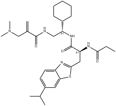 2-Benzothiazolepropanamide, N-[(1S)-1-cyclohexyl-2-[[2-[(dimethylamino)methyl]-1-oxo-2-propen-1-yl]amino]ethyl]-6-(1-methylethyl)-α-[(1-oxopropyl)amino]-, (αS)- 구조식 이미지