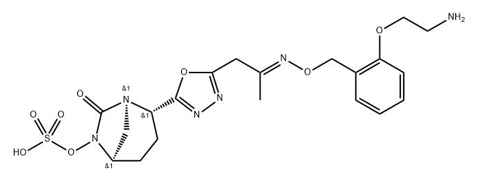 (2S,5R)-2-(5-((E)-2-(((2-(2-aminoethoxy)benzyl)oxy)imino)propyl)-1,3,4-oxadiazol-2-yl)-7-oxo-1,6-diazabicyclo[3.2.1]octan-6-yl hydrogen sulfate Structure