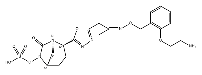 (2S,5R)-2-(5-((Z)-2-(((2-(2-aminoethoxy)benzyl)oxy)imino)propyl)-1,3,4-oxadiazol-2-yl)-7-oxo-1,6-diazabicyclo[3.2.1]octan-6-yl hydrogen sulfate Structure