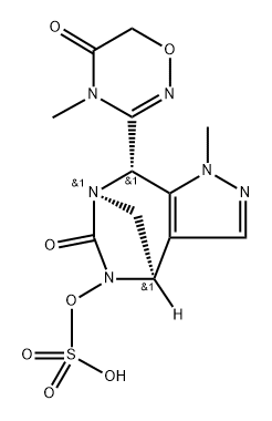 rel-(4R,7R,8S)-8-(5,6-Dihydro-4-methyl-5-oxo4H-1,2,4-oxadiazin-3-yl)-4,8-dihydro-1-methyl6-oxo-1H-4,7-methanopyrazolo[3,4-e][1,3] diazepin-5(6H)-yl hydrogen sulfate 구조식 이미지