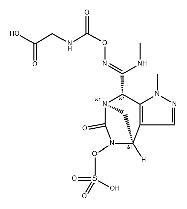 rel-(6Z)-4-Oxo-7-[(4R,7R,8S)-4,5,6,8-tetrah ydro-1-methyl-6-oxo-5-(sulfooxy)-1H-4,7- methanopyrazolo[3,4-e][1,3]diazepin-8-yl]-5- oxa-3,6,8-triazanon-6-enoic acid Structure