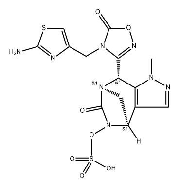 rel-(4R,7R,8S)-8-[4-[(2-Amino-4-thiazolyl) methyl]-4,5-dihydro-5-oxo-1,2,4-oxadiazol-3- yl]-4,8-dihydro-1-methyl-6-oxo-1H-4,7- methanopyrazolo[3,4-e][1,3]diazepin-5(6H)-yl hydrogen sulfate 구조식 이미지