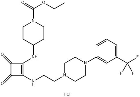 1-Piperidinecarboxylic acid, 4-[[3,4-dioxo-2-[[2-[4-[3-(trifluoromethyl)phenyl]-1-piperazinyl]ethyl]amino]-1-cyclobuten-1-yl]amino]-, ethyl ester, hydrochloride (1:1) Structure