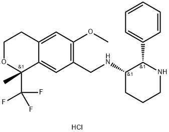 3-Piperidinamine, N-[[(1R)-3,4-dihydro-6-methoxy-1-methyl-1-(trifluoromethyl)-1H-2-benzopyran-7-yl]methyl]-2-phenyl-, hydrochloride (1:2), (2S,3S)- 구조식 이미지