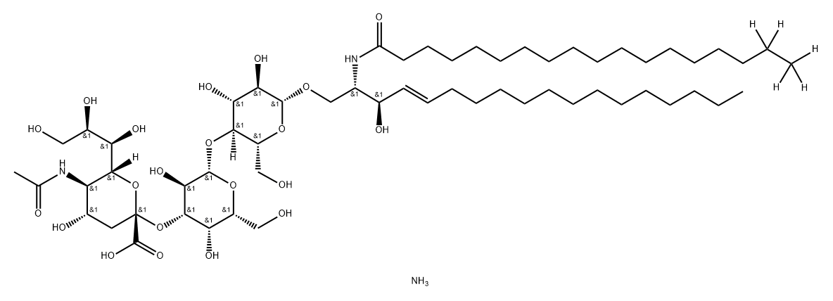 Octadecanamide-17,17,18,18,18-d5, N-[(1S,2R,3E)-1-[[[O-(N-acetyl-α-neuraminosyl)-(2→3)-O-β-D-galactopyranosyl-(1→4)-β-D-glucopyranosyl]oxy]methyl]-2-hydroxy-3-heptadecen-1-yl]-, ammonium salt (1:1) Structure