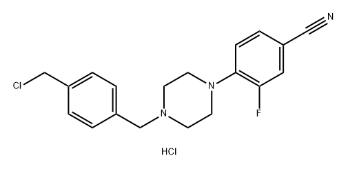 Benzonitrile, 4-[4-[[4-(chloromethyl)phenyl]methyl]-1-piperazinyl]-3-fluoro-, hydrochloride (1:1) Structure