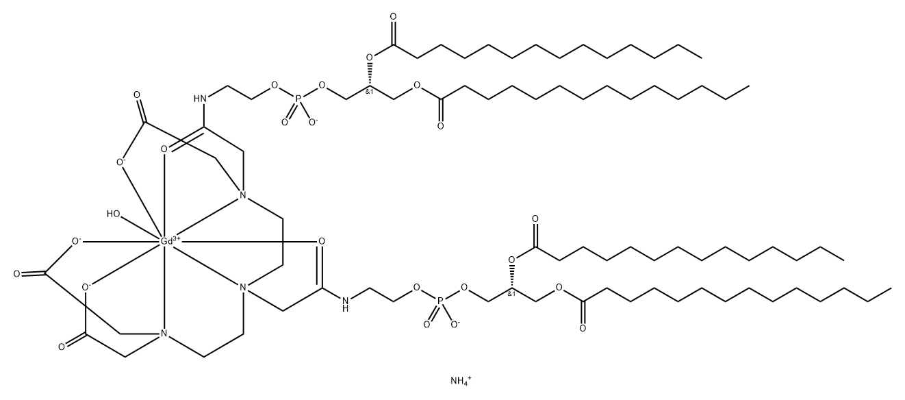 Gadolinate(2-), aqua[[(19R)-3,9-bis[(carboxy-κO)methyl]-16-hydroxy-6-[(10R)-7-hydroxy-7-oxido-2-(oxo-κO)-13-oxo-10-[(1-oxotetradecyl)oxy]-6,8,12-trioxa-3-aza-7-phosphahexacos-1-yl]-11-(oxo-κO)-22-oxo-19-[(1-oxotetradecyl)oxy]-15,17,21-trioxa-3,6,9,12-tetraaza-16-phosphapentatriacontanoic acid-κN3,κN6,κN9,κO1] 16-oxidato(5-)]-, ammonium (1:2) 구조식 이미지