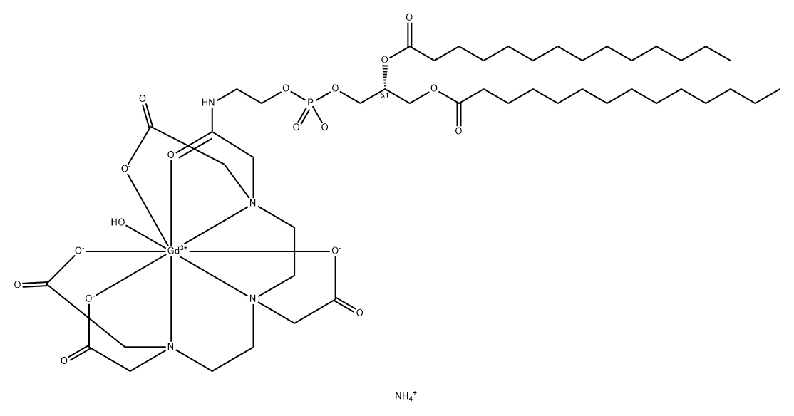 Gadolinate(2-), aqua[[(19R)-3,6,9-tris[(carboxy-κO)methyl]-16-hydroxy-11-(oxo-κO)-22-oxo-19-[(1-oxotetradecyl)oxy]-15,17,21-trioxa-3,6,9,12-tetraaza-16-phosphapentatriacontanoic acid-κN3,κN6,κN9,κO1] 16-oxidato(5-)]-, ammonium (1:2) Structure